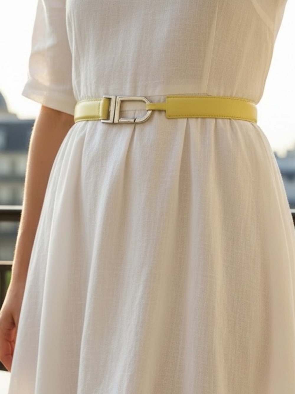 Worth adjustable Pale Yellow Leather Belt with Silver Buckle